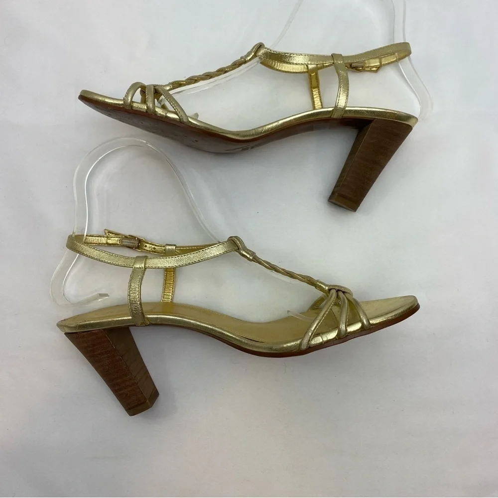 J. Crew “Paige” Metallic Gold Strppy Leather Braided Chunky Heel